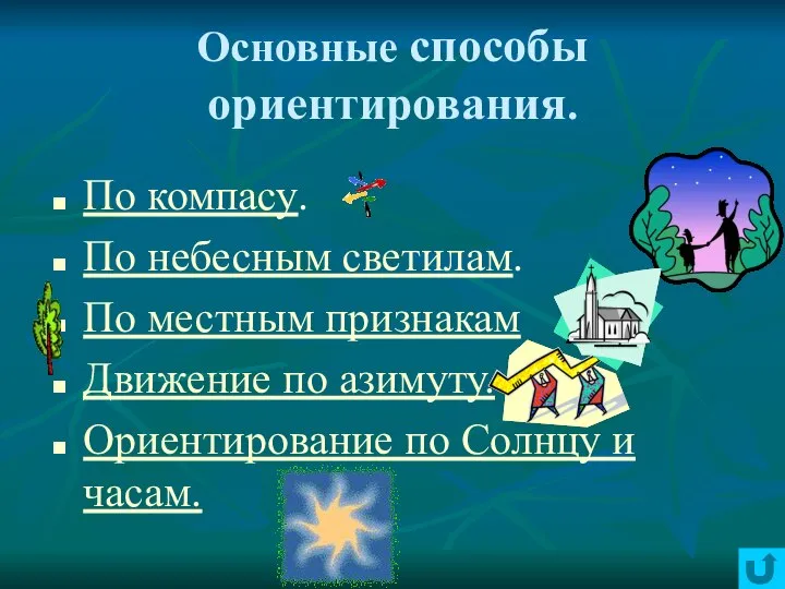 Основные способы ориентирования. По компасу. По небесным светилам. По местным признакам