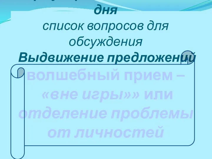 Третий этап. Формулирование повестки дня список вопросов для обсуждения Выдвижение предложений