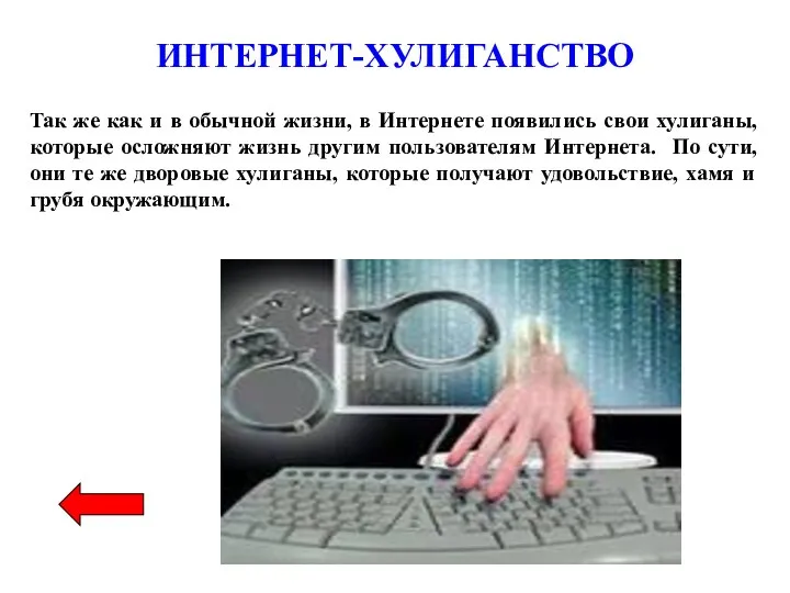 ИНТЕРНЕТ-ХУЛИГАНСТВО Так же как и в обычной жизни, в Интернете появились