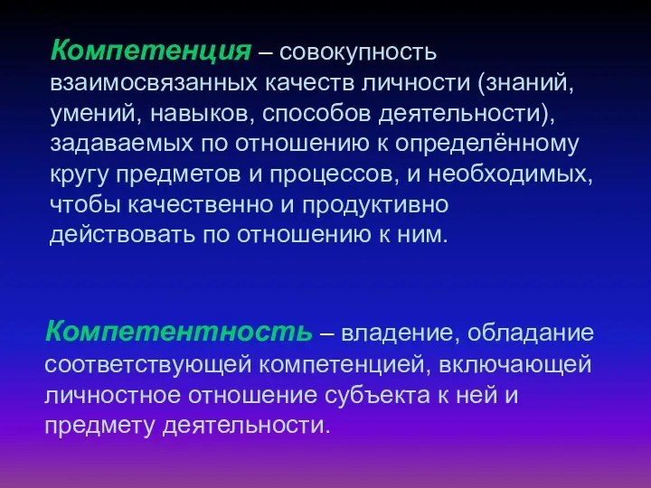 Компетенция – совокупность взаимосвязанных качеств личности (знаний, умений, навыков, способов деятельности),