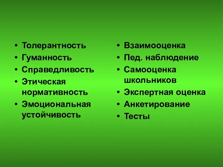 Толерантность Гуманность Справедливость Этическая нормативность Эмоциональная устойчивость Взаимооценка Пед. наблюдение Самооценка школьников Экспертная оценка Анкетирование Тесты