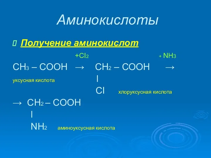 Аминокислоты Получение аминокислот +CI2 + NH3 СН3 – СООН → CН2