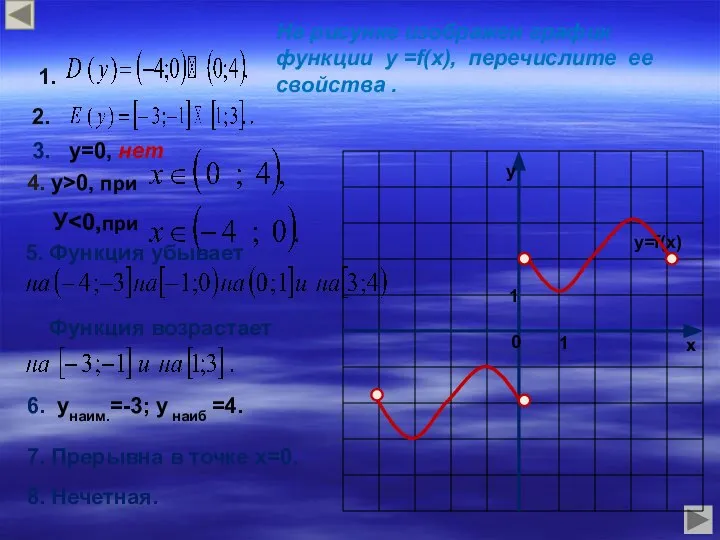 3. у=0, нет 4. у>0, при У 1. 2. 5. Функция