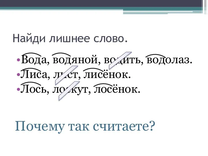 Найди лишнее слово. Вода, водяной, водить, водолаз. Лиса, лист, лисёнок. Лось, лоскут, лосёнок. Почему так считаете?