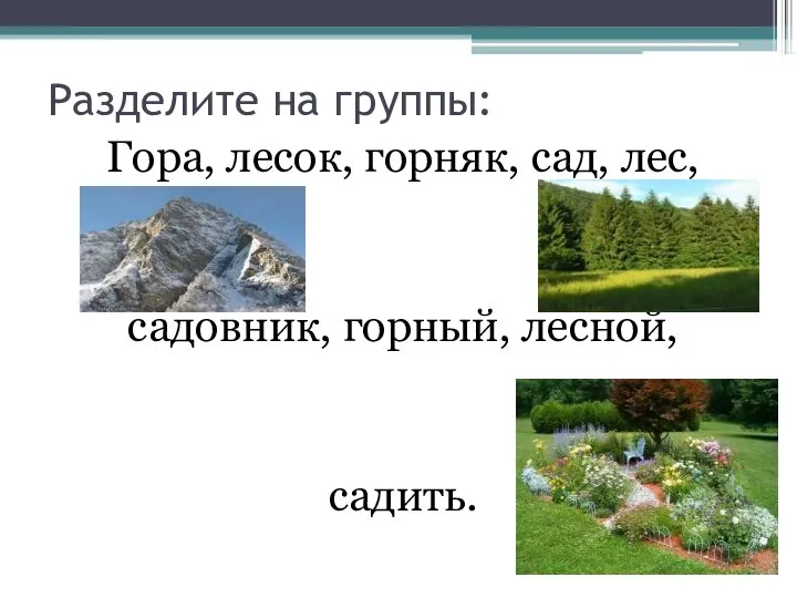 Разделите на группы: Гора, лесок, горняк, сад, лес, садовник, горный, лесной, садить.