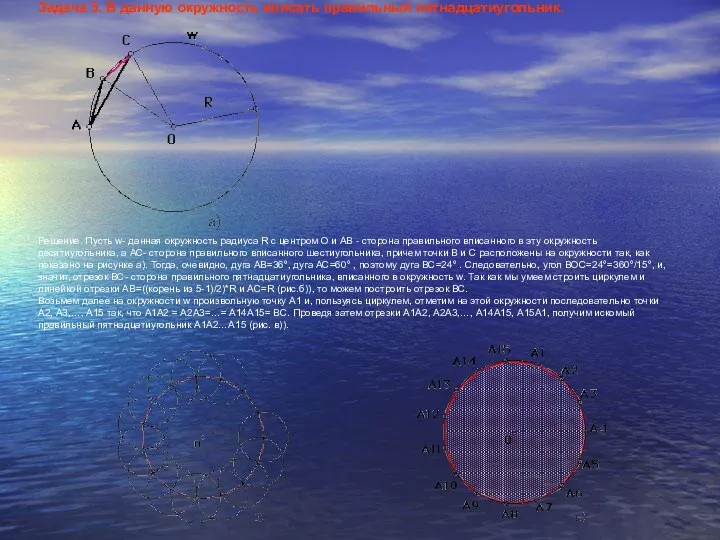 . Задача 5. В данную окружность вписать правильный пятнадцатиугольник. Решение. Пусть