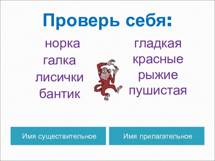 Проверь себя: Имя существительное Имя прилагательное норка галка лисички бантик гладкая красные рыжие пушистая