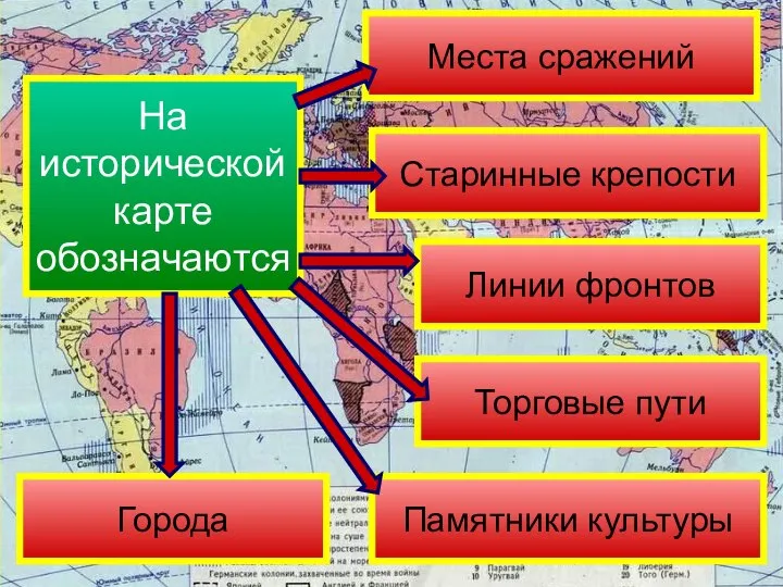 На исторической карте обозначаются Торговые пути Памятники культуры Города Места сражений Старинные крепости Линии фронтов