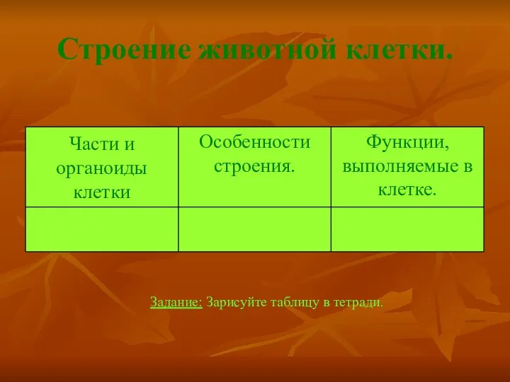 Строение животной клетки. Задание: Зарисуйте таблицу в тетради.