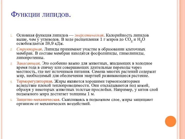 Функции липидов. Основная функция липидов — энергетическая. Калорийность липидов выше, чем