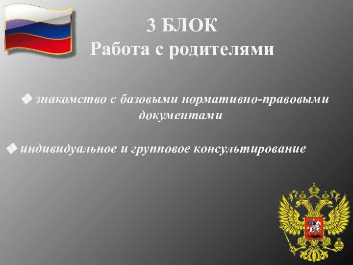 3 БЛОК Работа с родителями индивидуальное и групповое консультирование знакомство с базовыми нормативно-правовыми документами