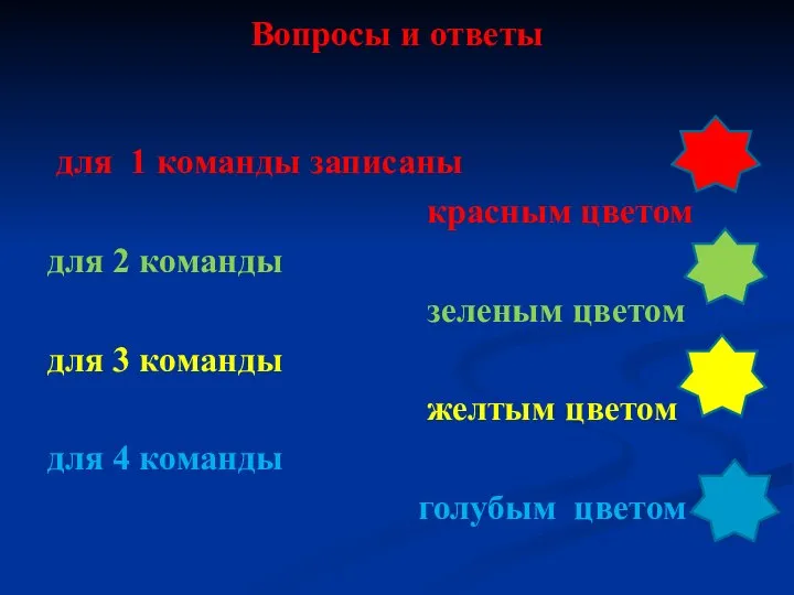 Вопросы и ответы для 1 команды записаны красным цветом для 2