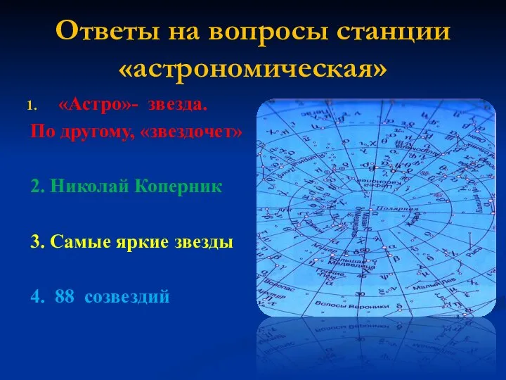 Ответы на вопросы станции «астрономическая» «Астро»- звезда. По другому, «звездочет» 2.