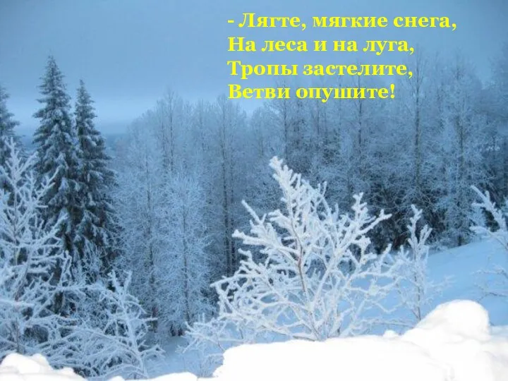 - Лягте, мягкие снега, На леса и на луга, Тропы застелите, Ветви опушите!