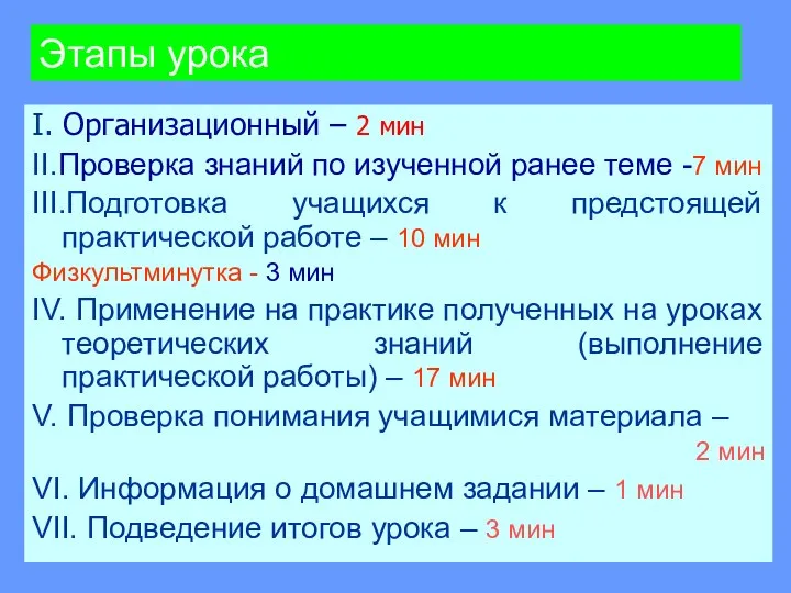 Этапы урока I. Организационный – 2 мин II.Проверка знаний по изученной