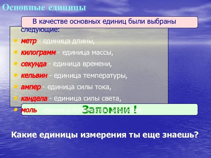 Запомни ! Основные единицы В качестве основных единиц были выбраны следующие: