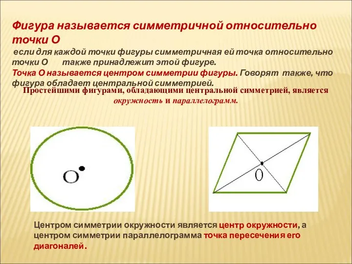 Фигура называется симметричной относительно точки О если для каждой точки фигуры