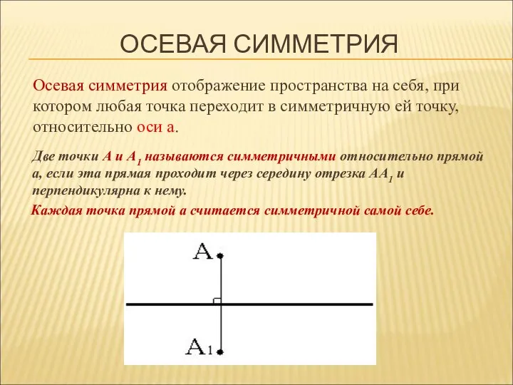 ОСЕВАЯ СИММЕТРИЯ Две точки А и А1 называются симметричными относительно прямой