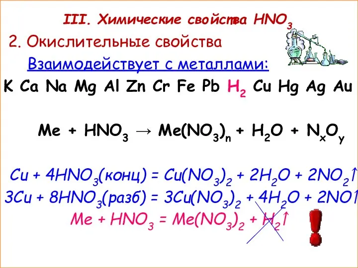 III. Химические свойства HNO3 2. Окислительные свойства Взаимодействует с металлами: K