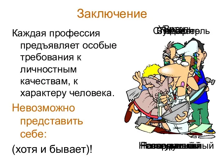 Заключение Каждая профессия предъявляет особые требования к личностным качествам, к характеру