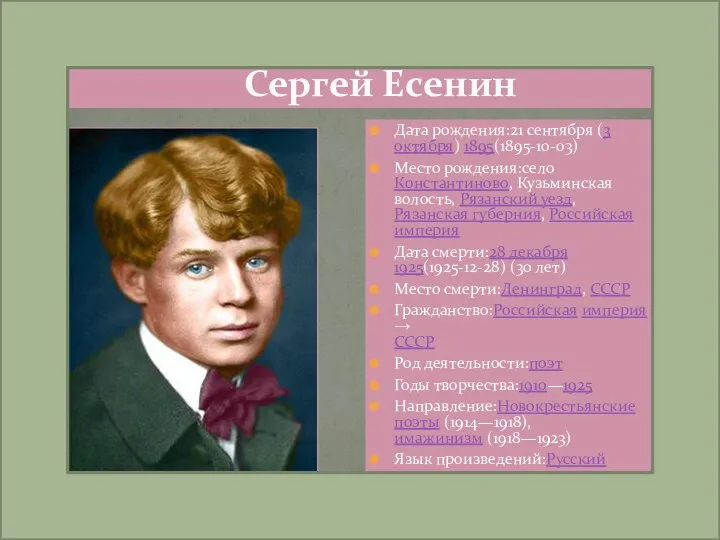 Сергей Есенин Дата рождения:21 сентября (3 октября) 1895(1895-10-03) Место рождения:село Константиново,