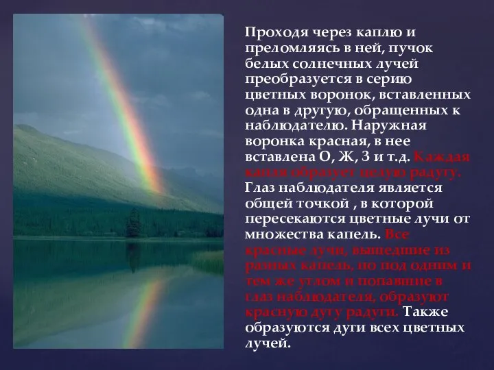 Проходя через каплю и преломляясь в ней, пучок белых солнечных лучей