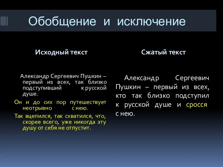 Обобщение и исключение Исходный текст Сжатый текст Александр Сергеевич Пушкин –