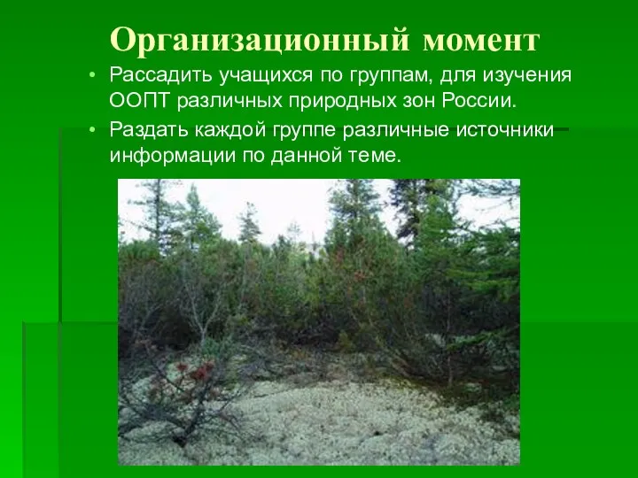 Организационный момент Рассадить учащихся по группам, для изучения ООПТ различных природных