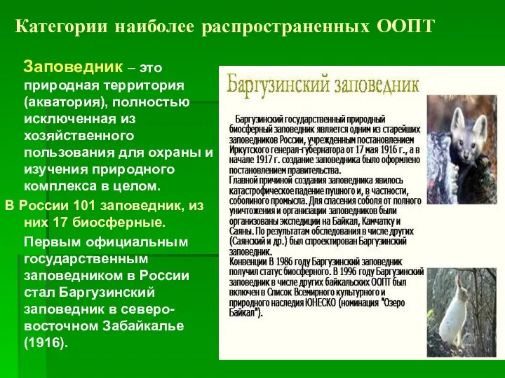 Категории наиболее распространенных ООПТ Заповедник – это природная территория (акватория), полностью