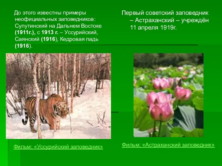 До этого известны примеры неофициальных заповедников: Супутинский на Дальнем Востоке (1911г.),