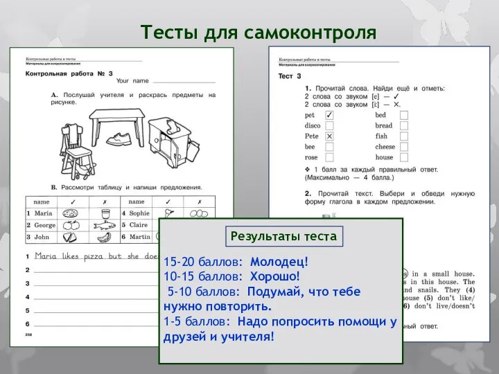 Тесты для самоконтроля 15-20 баллов: Молодец! 10-15 баллов: Хорошо! 5-10 баллов: