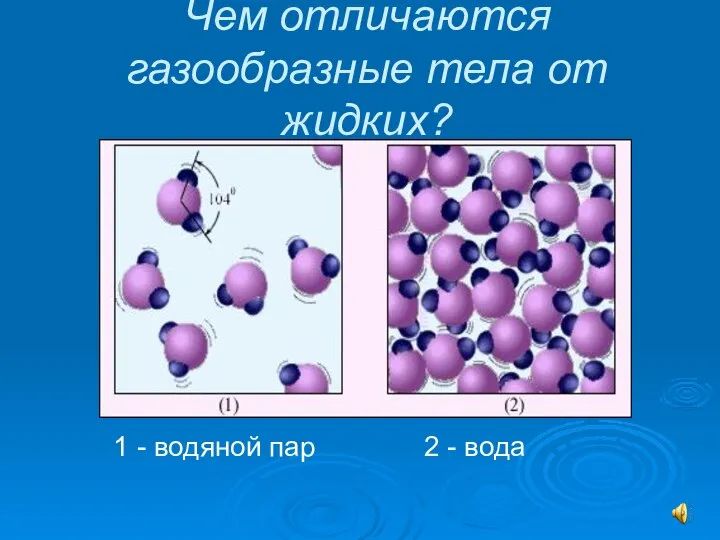 Чем отличаются газообразные тела от жидких? 1 - водяной пар 2 - вода