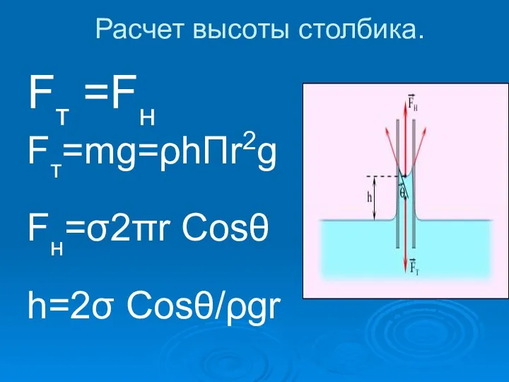 Расчет высоты столбика. Fт =Fн Fт=mg=ρhΠr2g Fн=σ2πr Cosθ h=2σ Cosθ/ρgr