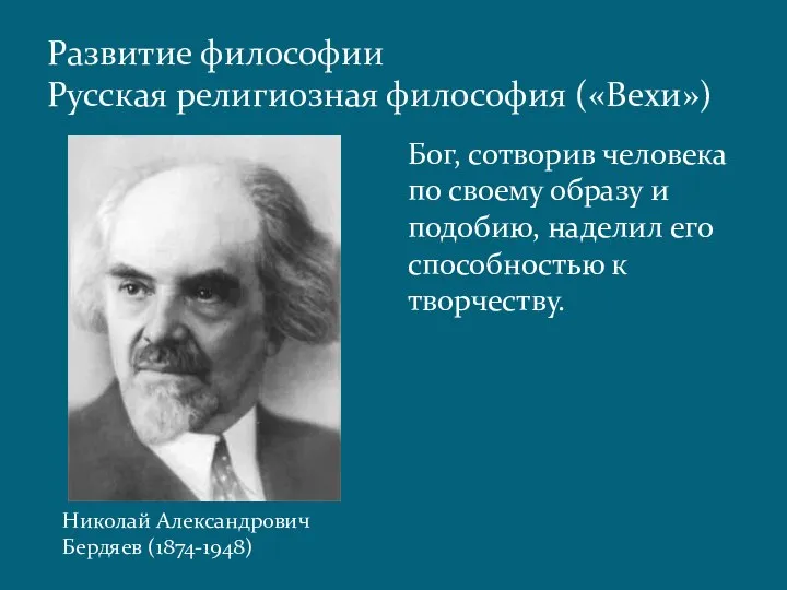 Развитие философии Русская религиозная философия («Вехи») Бог, сотворив человека по своему