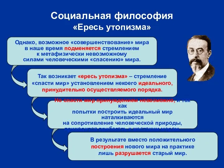 Однако, возможное «совершенствование» мира в наше время подменяется стремлением к метафизически