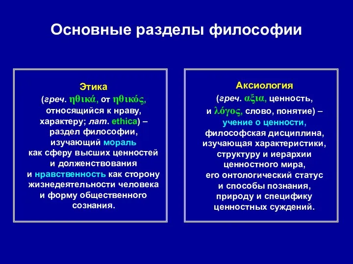 Основные разделы философии Этика (греч. ηθικά, от ηθικός, относящийся к нраву,