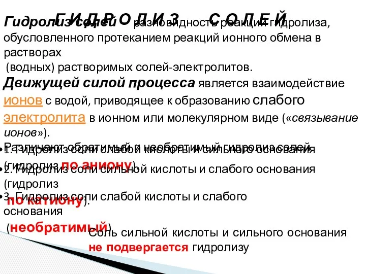 Гидролиз солей — разновидность реакций гидролиза, обусловленного протеканием реакций ионного обмена