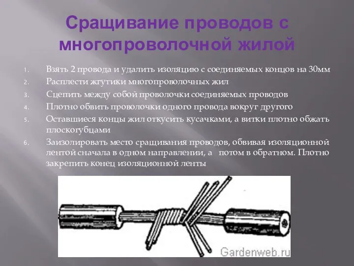 Сращивание проводов с многопроволочной жилой Взять 2 провода и удалить изоляцию