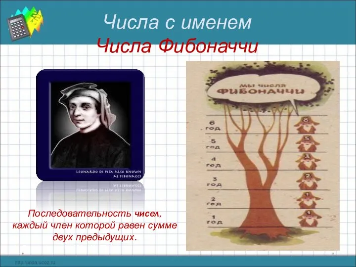 Числа с именем Числа Фибоначчи * Последовательность чисел, каждый член которой равен сумме двух предыдущих.