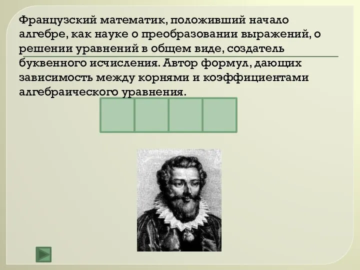 В Т И Е Французский математик, положивший начало алгебре, как науке