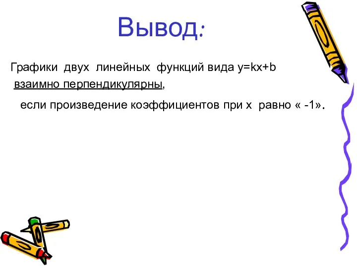 Вывод: Графики двух линейных функций вида y=kx+b взаимно перпендикулярны, если произведение