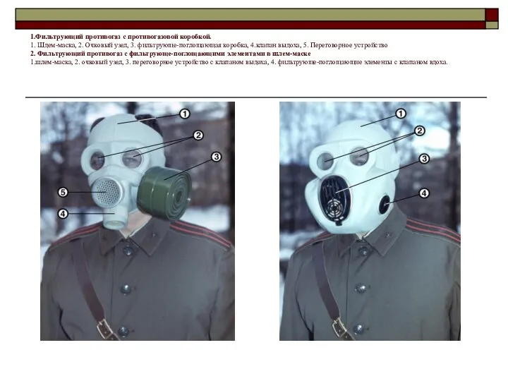 1.Фильтрующий противогаз с противогазовой коробкой. 1. Шдем-маска, 2. Очковый узел, 3.