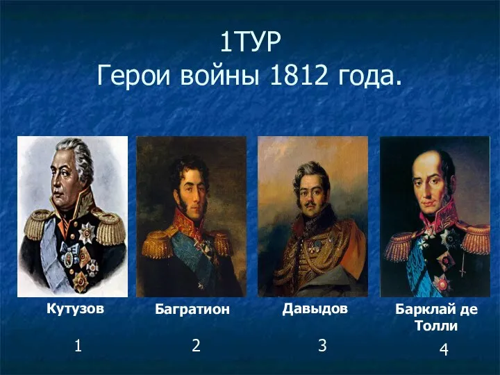 1ТУР Герои войны 1812 года. Кутузов Багратион Давыдов Барклай де Толли 1 2 3 4