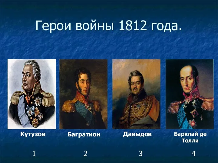 Герои войны 1812 года. Кутузов Багратион Давыдов Барклай де Толли 1 2 3 4