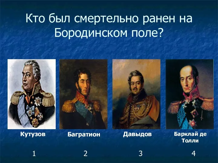 Кто был смертельно ранен на Бородинском поле? Кутузов Багратион Давыдов Барклай