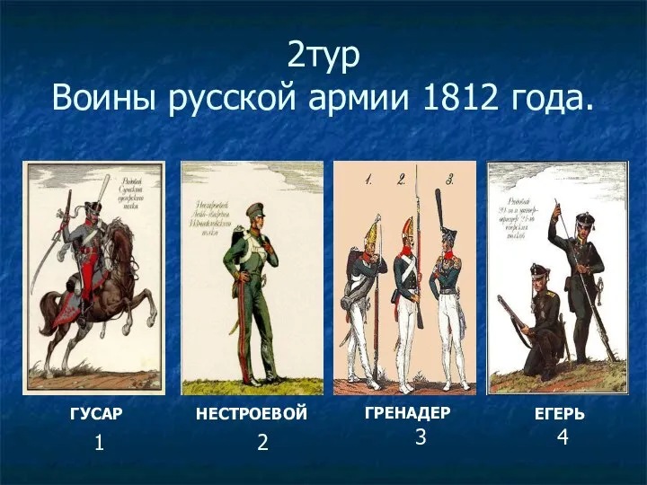 2тур Воины русской армии 1812 года. ГРЕНАДЕР ГУСАР НЕСТРОЕВОЙ ЕГЕРЬ 1 2 3 4