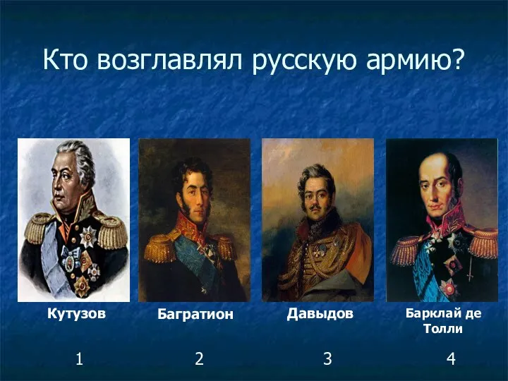 Кто возглавлял русскую армию? Кутузов Багратион Давыдов Барклай де Толли 1 2 3 4