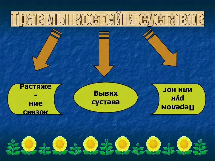 Травмы костей и суставов Растяже- ние связок Перелом рук или ног Вывих сустава