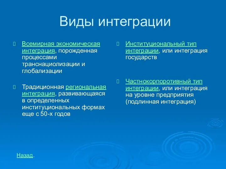 Виды интеграции Всемирная экономическая интеграция, порожденная процессами транснациолизации и глобализации Традиционная