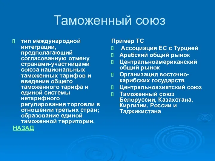 Таможенный союз тип международной интеграции, предполагающий согласованную отмену странами-участницами союза национальных